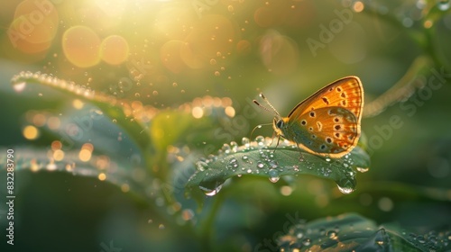 A delicate butterfly on a dewy morning leaf, with water droplets glistening in the early sunlight