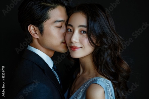A happy couple standing close to one another, a man in a formal suit is holding a woman in his arms, isolated on black background. Pre wedding of lover shot in a studio. © Surachetsh