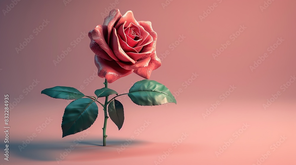 Fototapeta premium Elegant Digital Illustration of a Pink Rose in Lead Style with Soft Green Leaves on White Background. Realistic and Ethereal Floral Design with Subtle Shadows and Depth, Perfect for Clip Art and Flora