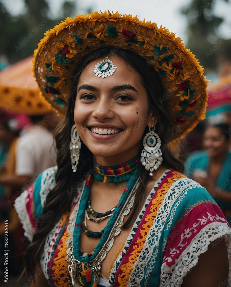 beautiful young woman on mexican festival smiling on camera portrait