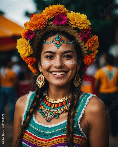 beautiful young woman on mexican festival smiling on camera portrait
