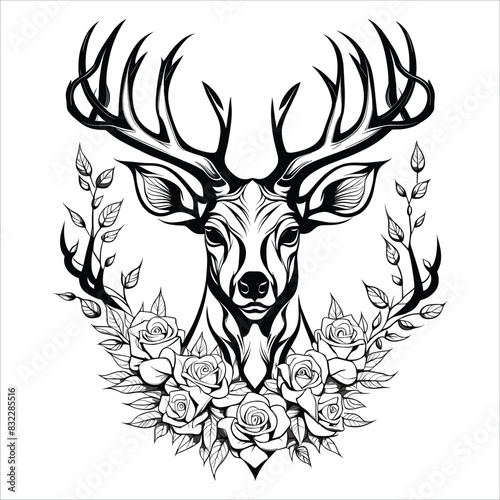 Cool deer head tattoo, original hand drawn outline style