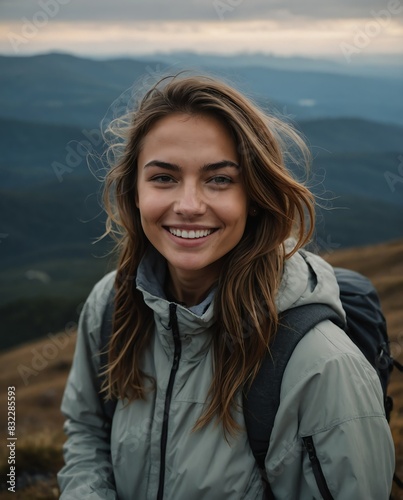 beautiful young woman on mountain top smiling on camera portrait