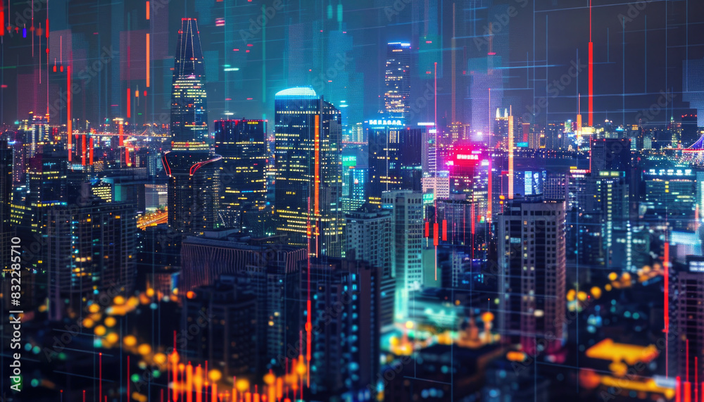 A cityscape with neon lights and a reflection of the city in the water by AI generated image