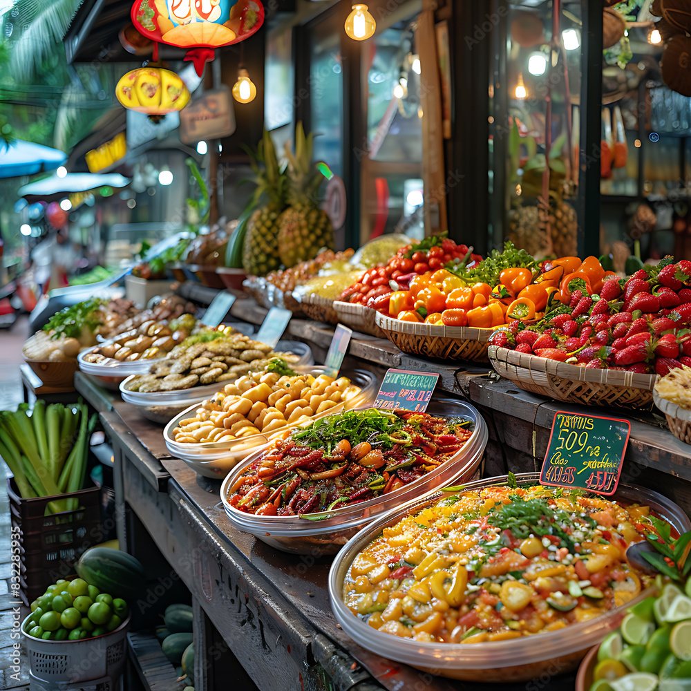 Colorful Local Market Scene with Fresh Produce and Street Food Delights