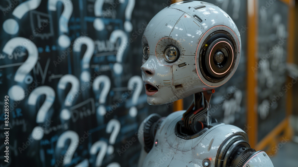 Fototapeta premium Android Inquiry: Polished White Robot Questions the Unknown,generated by IA