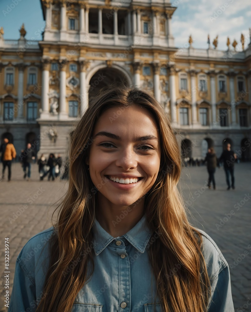 beautiful young woman on royal palace smiling on camera portrait