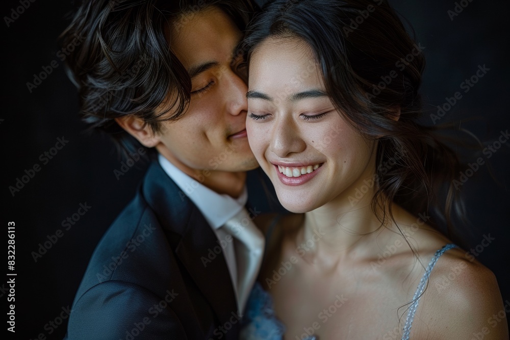 A happy couple standing close to one another, a man in a formal suit is holding a woman in his arms, isolated on black background. Pre wedding of lover shot in a studio.