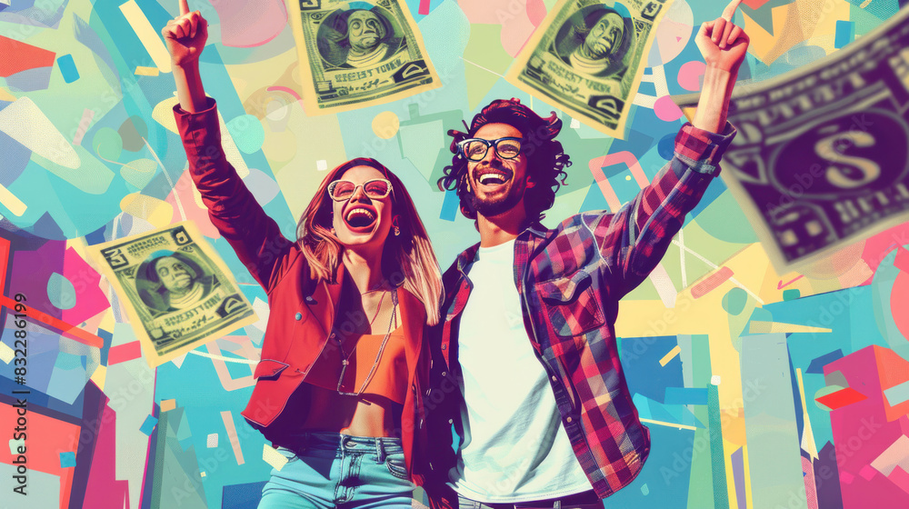 Fototapeta premium A young couple celebrating a new property purchase, surrounded by real estate signs and cash flow diagrams, emphasizing appreciation and profitable investments.