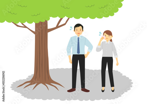 木陰で休憩するスーツ姿の男性と女性のイラストのセット
