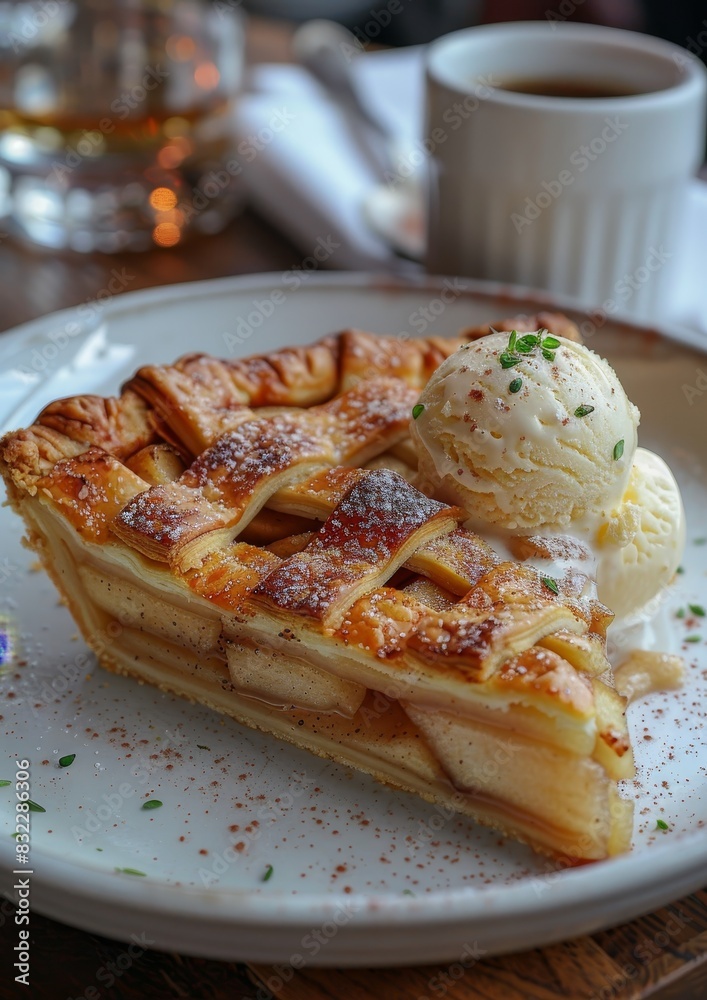 Apple Pie - A slice of apple pie with a lattice crust, served with vanilla ice cream. Apple Pie - A slice of apple pie with a lattice crust, served with vanilla ice cream.