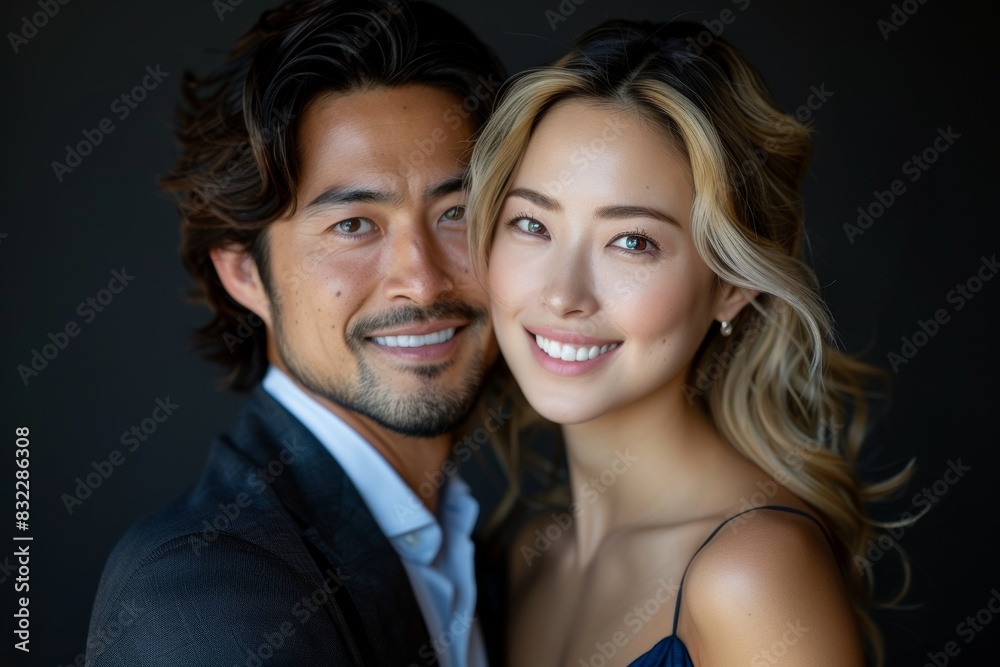 A happy couple standing close to one another, a man in a formal suit is holding a woman in his arms, isolated on black background. Pre wedding of lover shot in a studio. A happy couple standing close to one another, a man in a formal suit is holding a woman in his arms, isolated on black background. Pre wedding of lover shot in a studio.