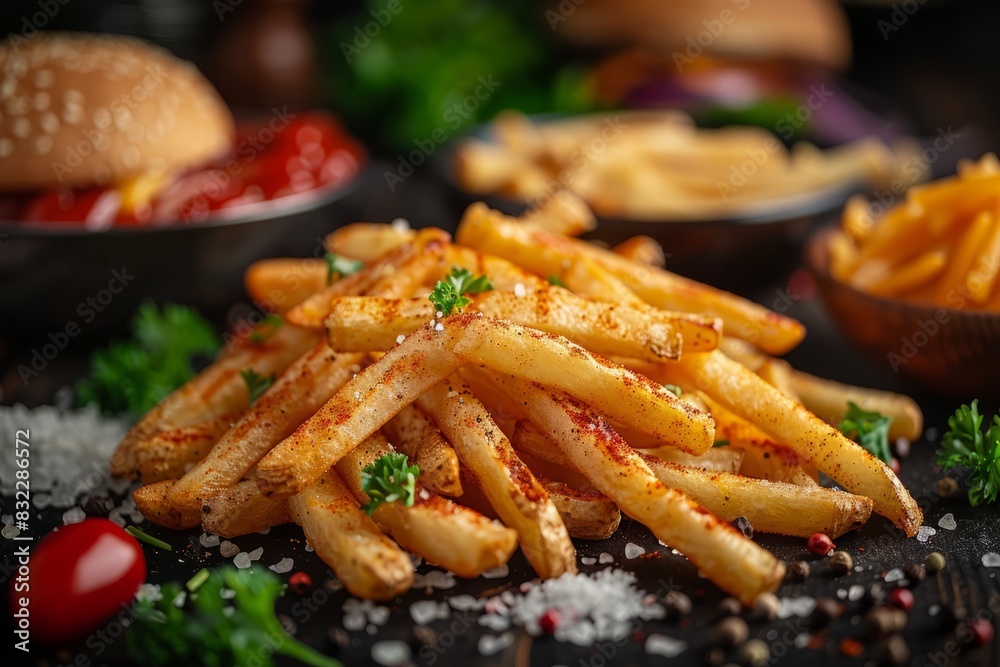 Professional food photo of appetizing and delicious fast food French fries, detailed close-up shot Professional food photo of appetizing and delicious fast food French fries, detailed close-up shot