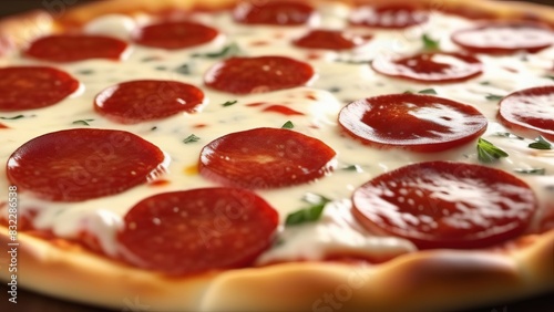 Close-up of a pepperoni pizza with a golden, crispy crust and melted mozzarella cheese. The pizza is generously topped with slices of pepperoni