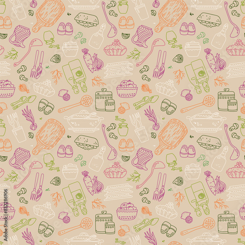 A charming vector seamless pattern featuring an assortment of kitchen utensils, cooking ingredients, and yummies drawn in silhouettes with harmonious blend of pastel colors.