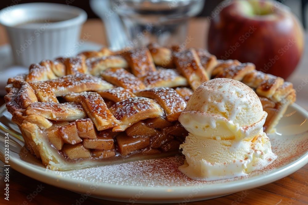 Apple Pie - A slice of apple pie with a lattice crust, served with vanilla ice cream. Apple Pie - A slice of apple pie with a lattice crust, served with vanilla ice cream.