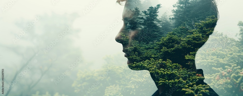 Hiking trail, nature escape, close up, focus on, copy space, earthy tones, Double exposure silhouette with forest Hiking trail, nature escape, close up, focus on, copy space, earthy tones, Double exposure silhouette with forest