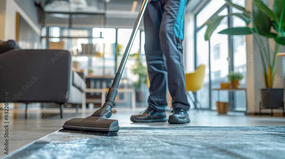 A man is vacuuming a carpet in a living room. The room has a couch, a chair, and a potted plant A man is vacuuming a carpet in a living room. The room has a couch, a chair, and a potted plant