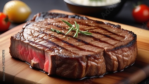 Grilled ribeye steak with grill marks, garnished with rosemary, served on wooden board. The steak is medium-rare, showcasing a juicy, pink center and a perfectly seared exterior photo