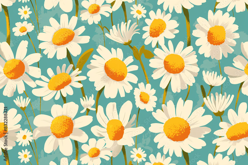 Pattern of white daisies with yellow centers on a blue background