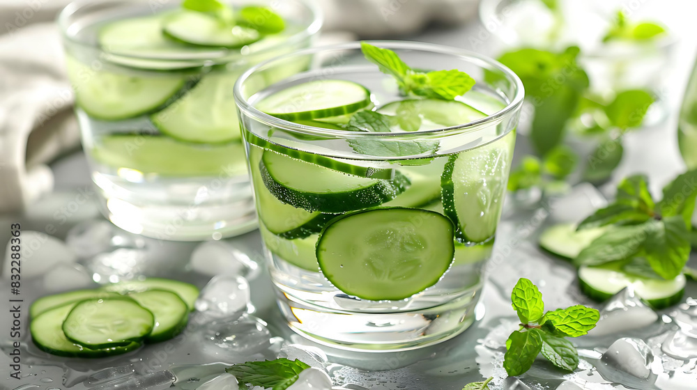 refreshing cucumber slices and mint leaves in ice - cold water on a transparent background refreshing cucumber slices and mint leaves in ice - cold water on a transparent background