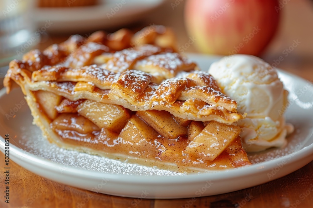 Apple Pie - A slice of apple pie with a lattice crust, served with vanilla ice cream. Apple Pie - A slice of apple pie with a lattice crust, served with vanilla ice cream.