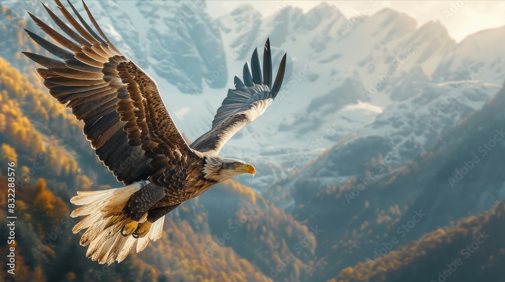 Obraz premium Soaring bald eagle with wings spread wide against mountain backdrop