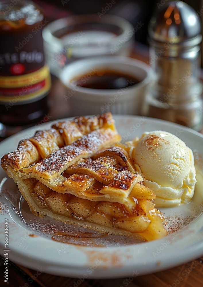Apple Pie - A slice of apple pie with a lattice crust, served with vanilla ice cream. 