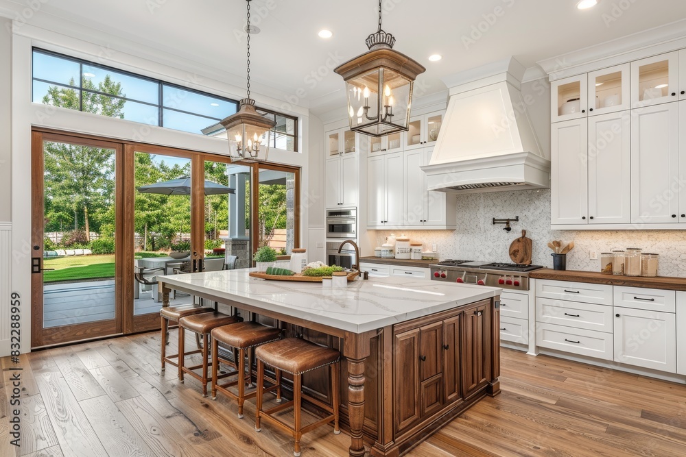 Fototapeta premium Luxurious kitchen with wooden accents, high ceilings, modern appliances, natural light, stylish design, elegant decor