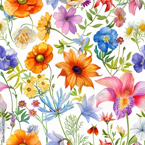 Lively watercolor seamless floral pattern with diverse colorful flowers and foliage on a white background  perfect for fabric  wallpaper  or gift wrap design