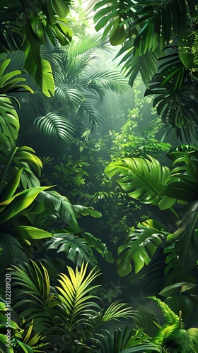 A digital artwork capturing the essence of tropical foliage. The dense leaves and vibrant greens create a rich and inviting scene  ideal for depicting the lush vegetation of a tropical landscape.