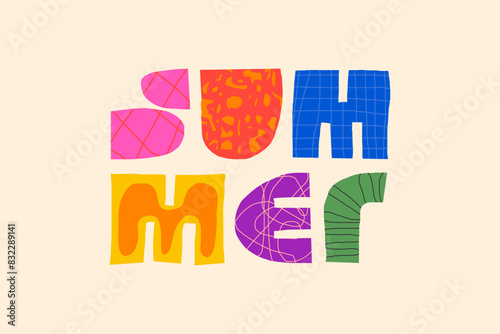 Summer abstract creative decorative inscription concept. Colorful childish naive primitive geometric uneven rude curves shapes lettering. Summertime theme modern trendy rough hand drawn isolated text