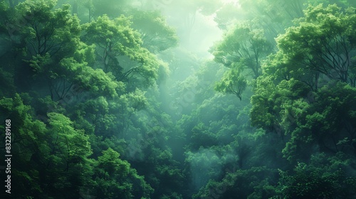 An illustration of a dense forest with a canopy of green leaves. The minimalist style emphasizes the natural beauty and peacefulness of the forest  making it suitable for a variety of stock photo