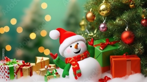 Christmas background with snowman and gift boxes.