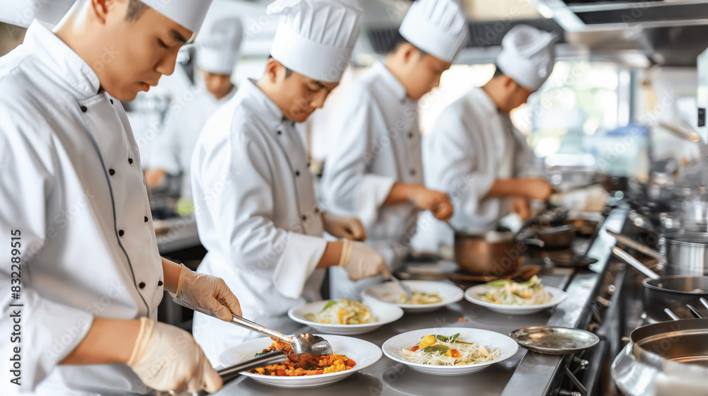 A group of chefs are preparing food in a kitchen. Scene is busy and focused, as the chefs are working together to create a meal A group of chefs are preparing food in a kitchen. Scene is busy and focused, as the chefs are working together to create a meal