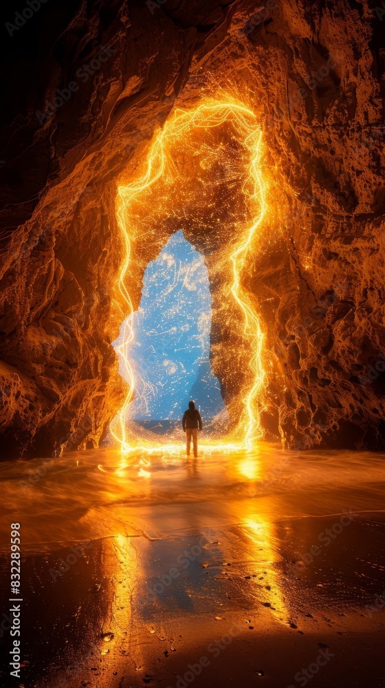 Obraz premium Silhouette of a person creating light painting with sparks inside a cave, isolated on a dark background, with space for text