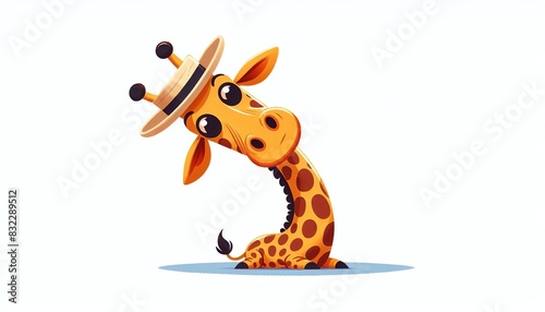 Smiling Giraffe in Hat. A cheerful giraffe with brown spots wearing a stylish hat  perfect for kids  entertainment.