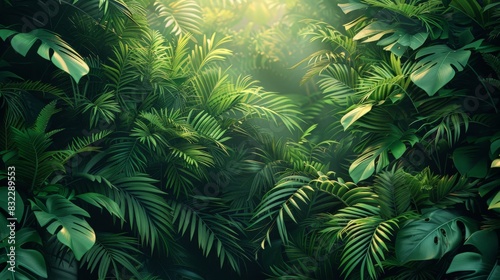 A digital illustration of a tropical forest  with dense foliage and vibrant green leaves. The minimalist style emphasizes the lush vegetation and the peacefulness of the natural environment.