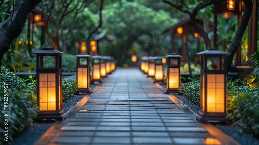 Peaceful evening garden walkway lined with glowing lanterns Peaceful evening garden walkway lined with glowing lanterns