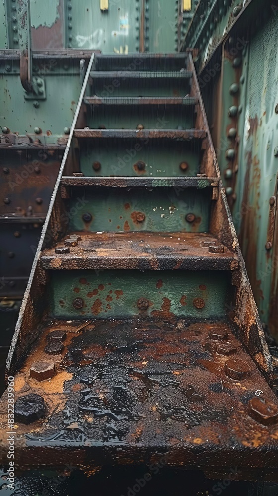 Industrial podium, rusted metal, urban decay, low angle, gritty look Industrial podium, rusted metal, urban decay, low angle, gritty look