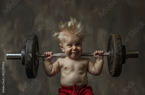 A powerful caucasian baby's face is scrunched up in a determined expression lifting weights. Baby is standing with legs shoulder-width apart and arms extended in front of it, holding a barbell.