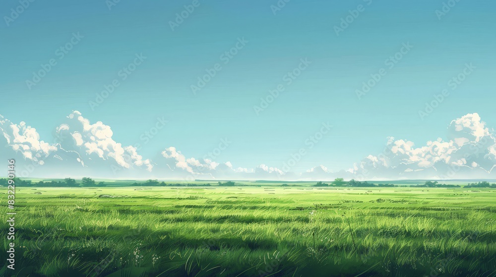 A digital illustration of a grassy plain, with a serene and tranquil atmosphere. The minimalist artwork showcases the richness of the greenery and the calmness of the open field.