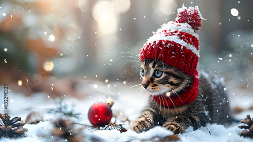 Christmas holiday kitten - kitty surrounded by decorations