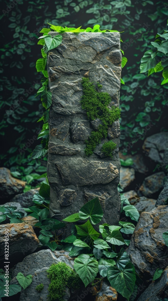 Stone pedestal surrounded by lush greenery and forest, soft natural light, space for text, promoting an ecofriendly and serene theme Stone pedestal surrounded by lush greenery and forest, soft natural light, space for text, promoting an ecofriendly and serene theme