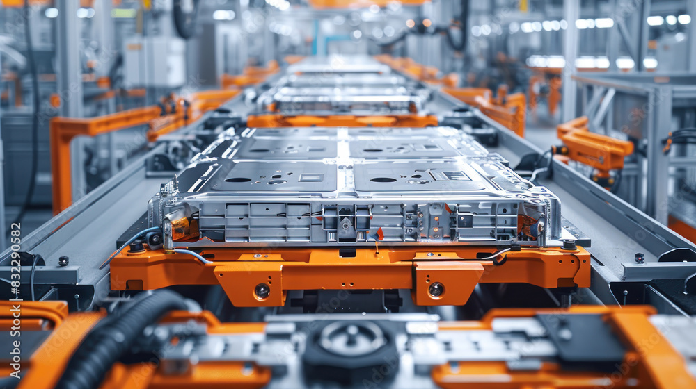 Detailed view of lithium-ion battery cells being inspected on a production line, emphasizing high-capacity energy solutions for electric vehicles in an industrial setting.