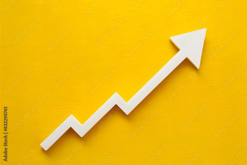 Graphical representation of growth with upward arrow on bright yellow background, indicating rising trend Graphical representation of growth with upward arrow on bright yellow background, indicating rising trend