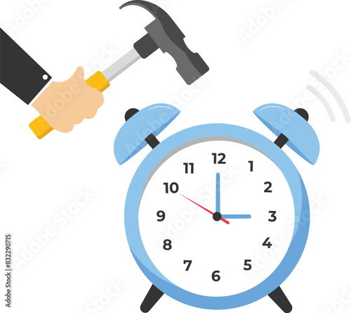 Vector illustration. Businessman with hammer rings in alarm clock, working time management concept, quick reaction to wake up, business, blue design. People plan hours, warnings, job. White background