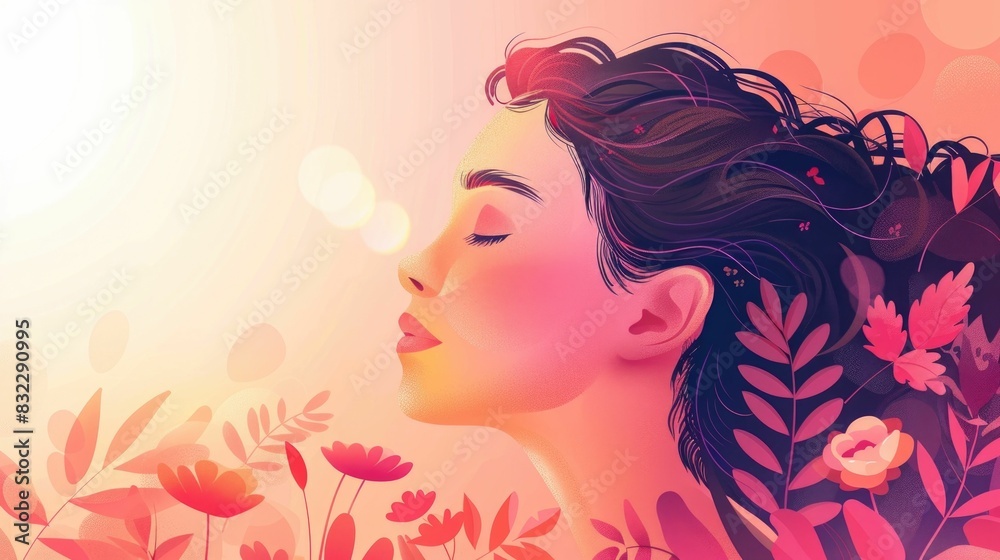 Serene Feminine Portrait of a Woman Immersed in a Floral Botanical Environment Depicting a Narrative of Cosmetic Self Discovery and Rejuvenation The Showcases the Tranquility Grace and Empowerment