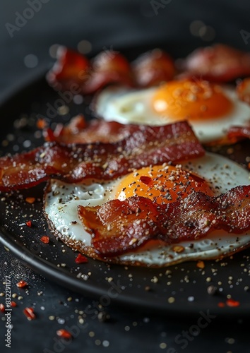 Bacon and Eggs - Crispy bacon and sunny-side-up eggs on a plate. 