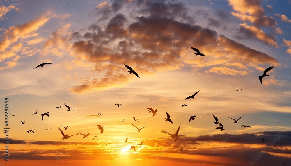 bright stunning amazing sunset sky with blurry clouds and flock of birds panorama banner format